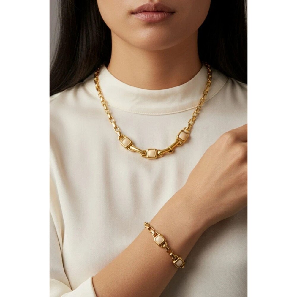 Vtg Monet Chain Necklace & Bracelet w/ Square Cabochons 17" Modernist Minimalist